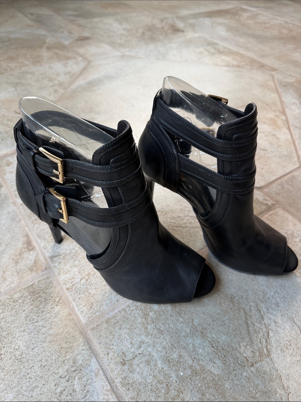MICHAEL Michael Kors Black Peep-Toe Strappy Heel Booties with Gold Buckles